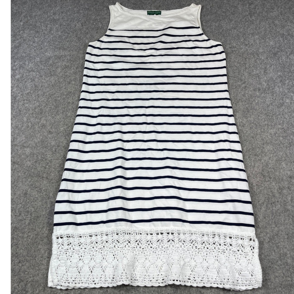 Lauren Ralph Lauren Navy White Striped Crochet Lace Hem Dress Medium M